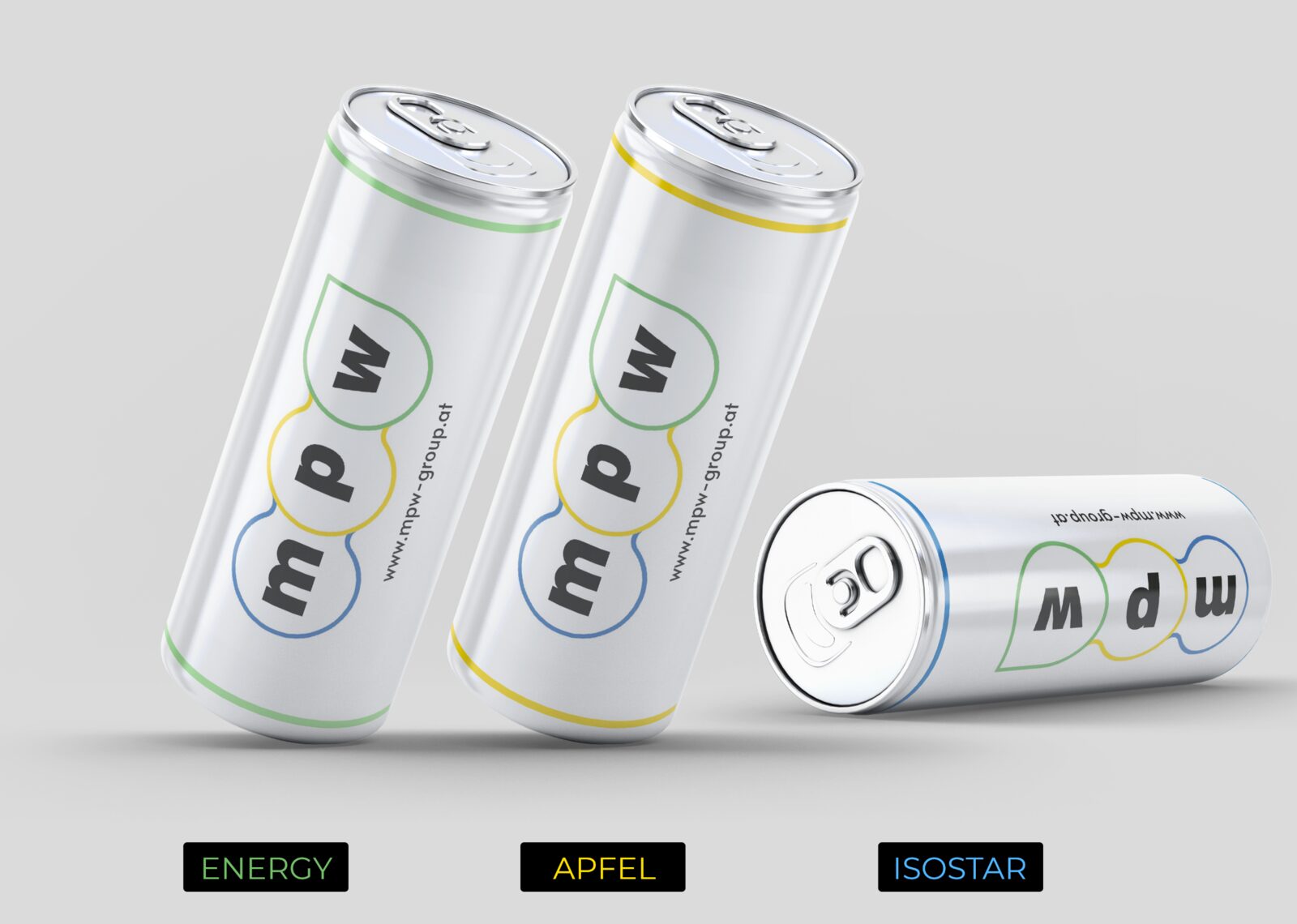 Apfelsaft-, Energydrink- und Isostar-Dosen im MPW-Design